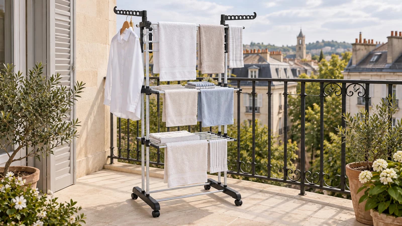 Étendoir pliable à trois étages monté sur un balcon, claies garnies de linge clair et chemise sur cintre au crochet du haut