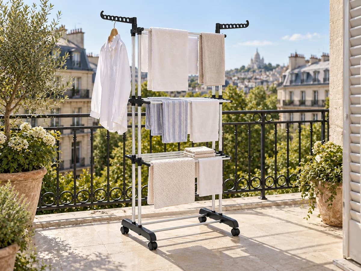 Étendoir trois étages chargé de linge clair, déplacé sur ses quatre roulettes le long d'un garde-corps de balcon