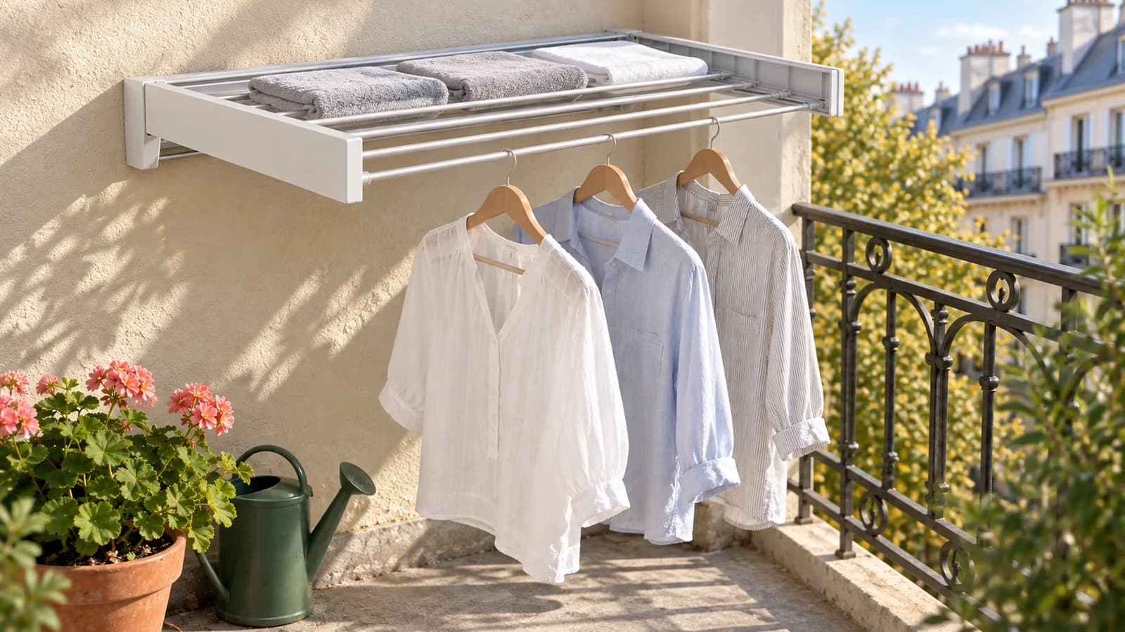 Étendoir mural en aluminium déployé sur un balcon, deux rangées de barres garnies de linge clair, vêtements sur cintre sur la rangée basse et serviettes pliées au-dessus