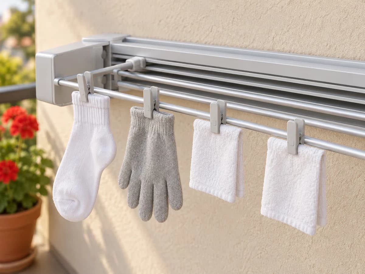 Petites pièces de linge clair retenues par des pinces en plastique sur la rangée supérieure d'un étendoir mural, coutures pincées et espace laissé entre les pièces