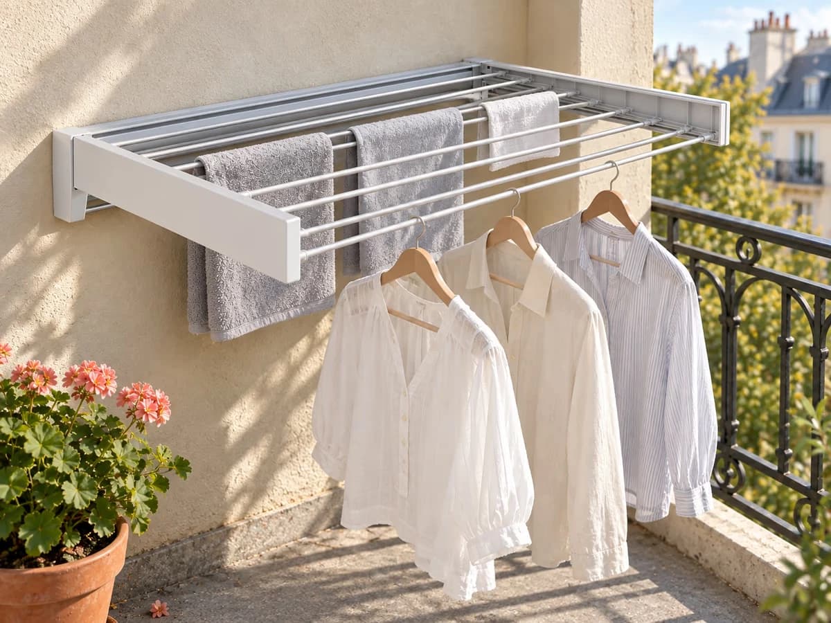 Linge clair réparti sur les deux rangées de barres d'un étendoir mural, serviettes pliées sur la rangée haute et vêtements sur cintre en dessous