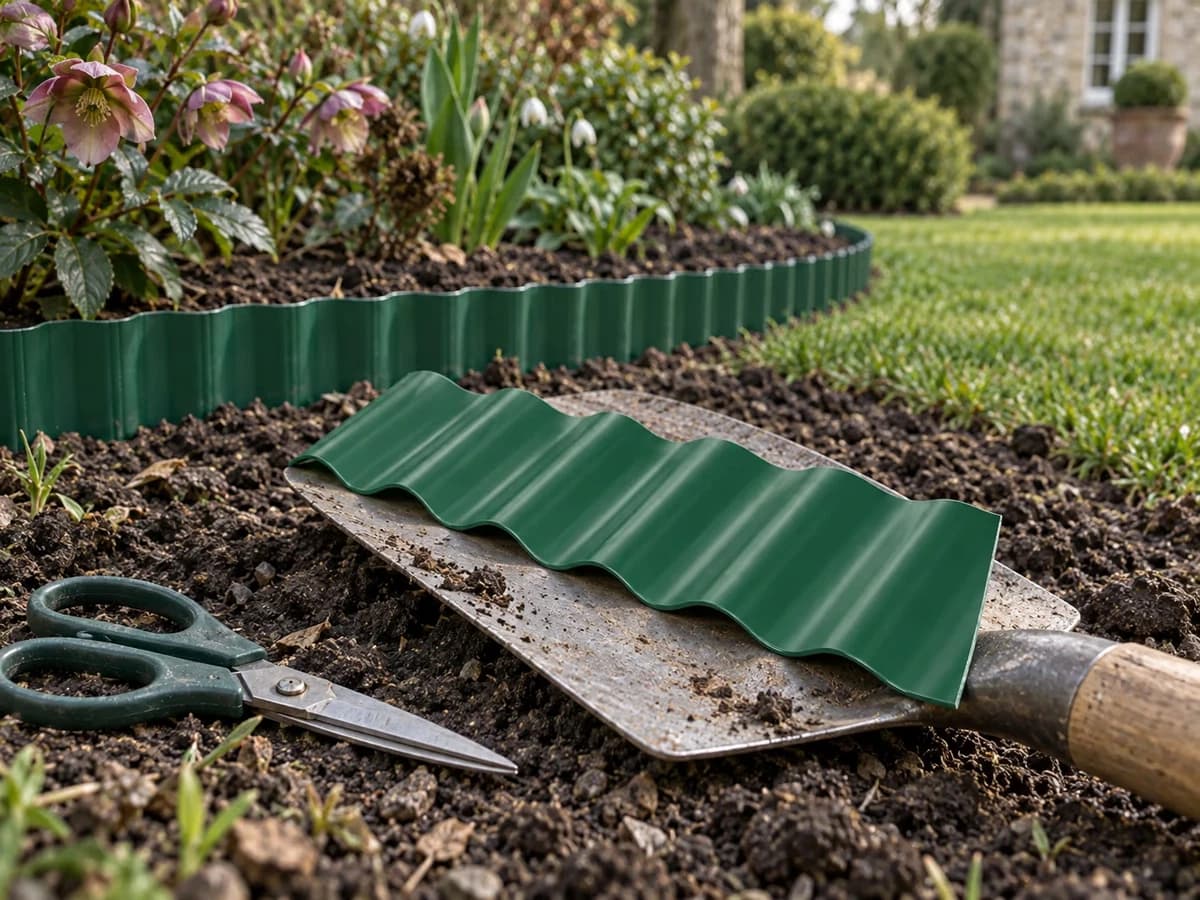 Morceau de bordure verte ondulée recoupé aux ciseaux posé sur une bêche, à côté d'une ligne de massif qui repart dans l'herbe