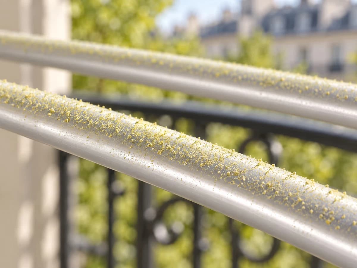 Gros plan sur les barres d'aluminium d'un étendoir mural couvertes d'un fin film de pollen jaune-vert, garde-corps de balcon flou à l'arrière-plan