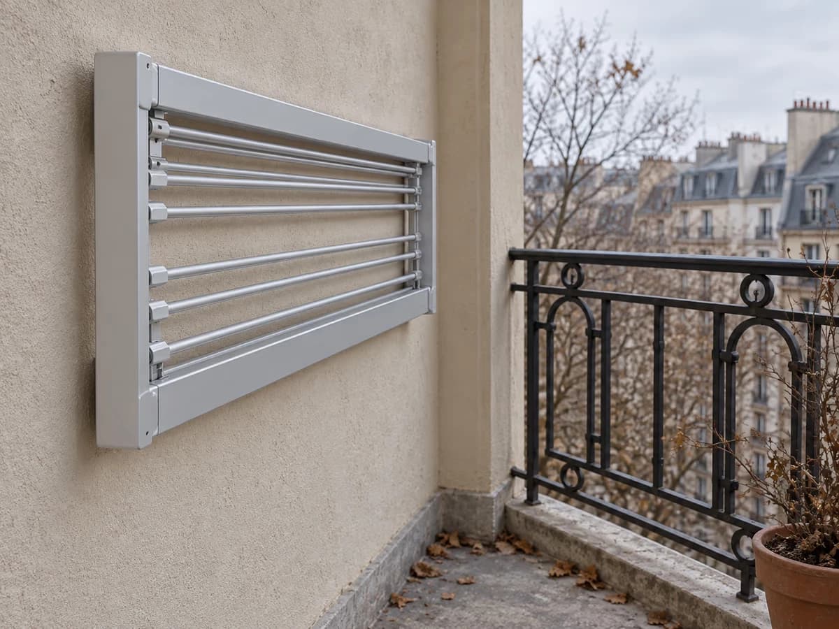 Étendoir mural replié contre un mur de balcon, deux rangées de barres rabattues et espace d'une dizaine de centimètres visible entre le rail et la paroi