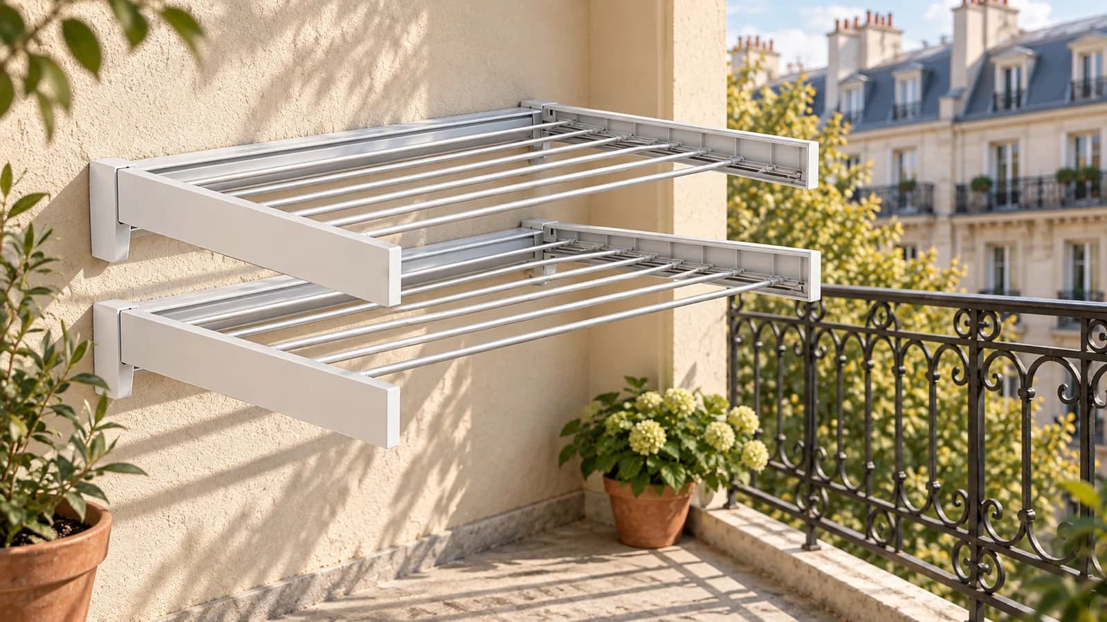 Étendoir mural en aluminium déployé sur un balcon en lumière de fin d'été, deux niveaux de barres libres et garde-corps en arrière-plan