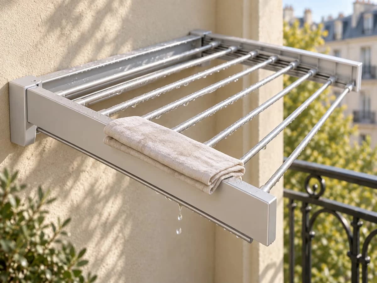 Barres d'aluminium d'un étendoir mural ruisselantes d'eau claire, chiffon en coton posé à plat sur le rail, balcon en arrière-plan