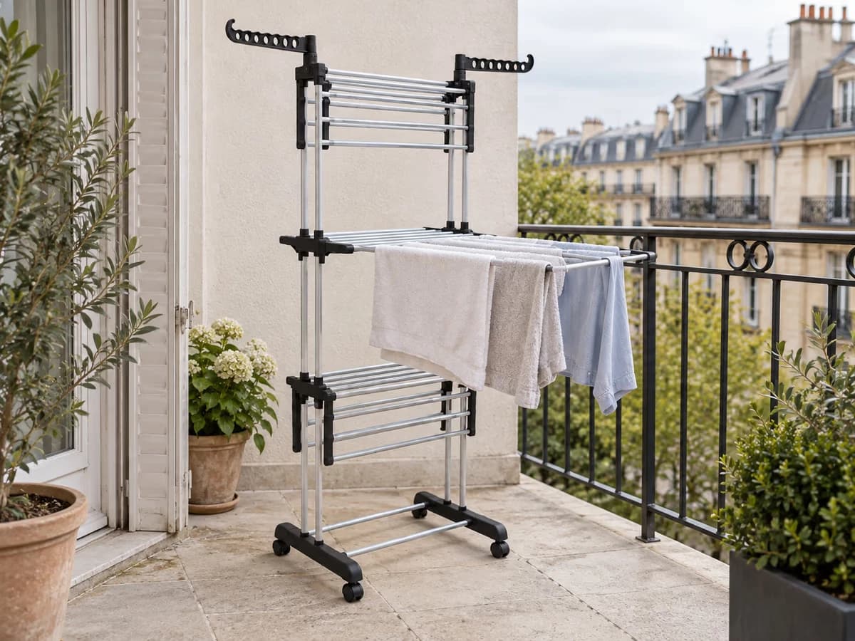Étendoir trois étages dont une seule claie est tirée à fond sur un côté, linge posé dessus, balcon et garde-corps en arrière-plan