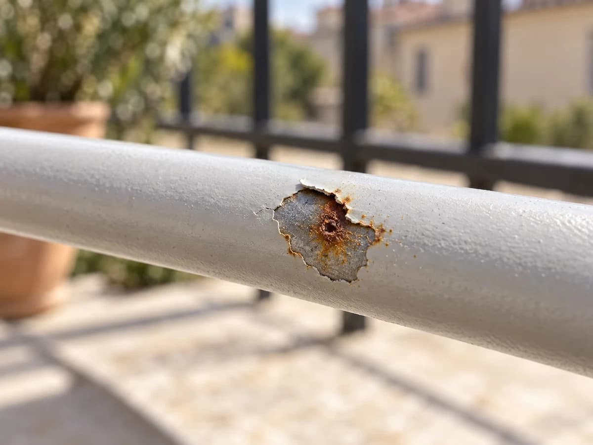 Gros plan sur un éclat de peinture sur un tube d'acier peint, métal nu visible et début de rouille orangée