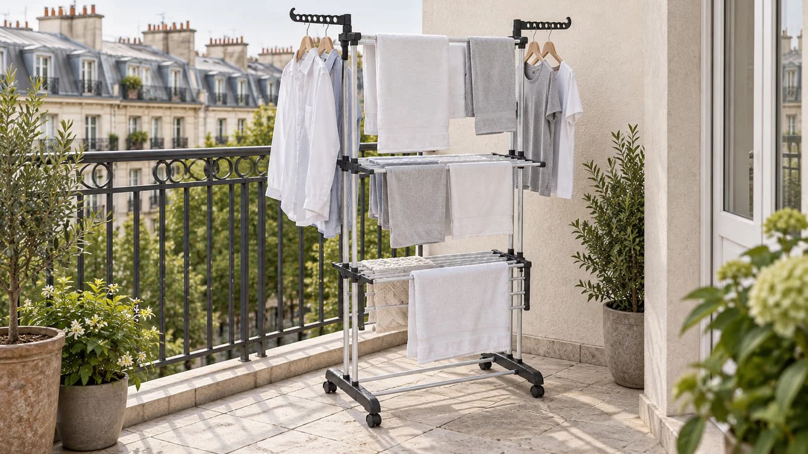 Étendoir trois étages déplié au balcon, linge clair réparti sur les trois claies, garde-corps visible en arrière-plan