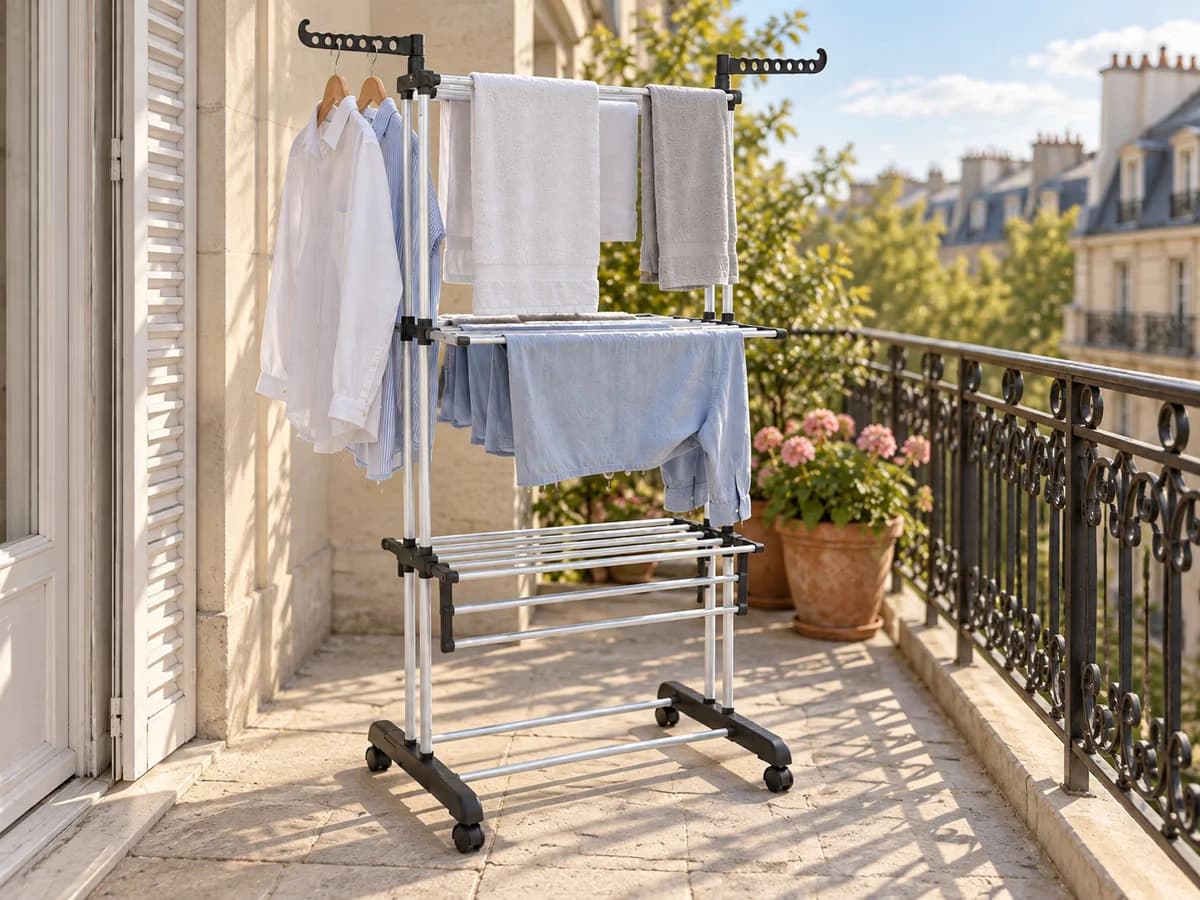 Étendoir trois étages en acier peint posé sur un balcon, claies du haut garnies de linge mouillé, base étroite visible au sol