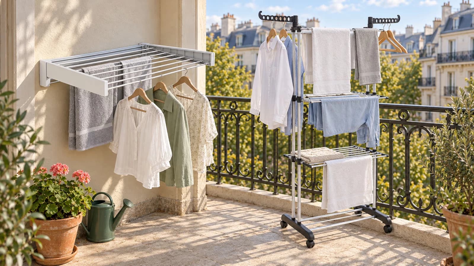 Balcon étroit avec un étendoir mural en aluminium fixé au mur d'un côté et un étendoir trois étages posé au sol de l'autre, linge clair sur les deux