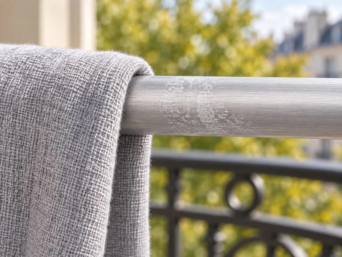 Gros plan sur une barre d'étendoir mural en aluminium portant une marque blanchâtre, un chiffon clair posé dessus, balcon en arrière-plan flou