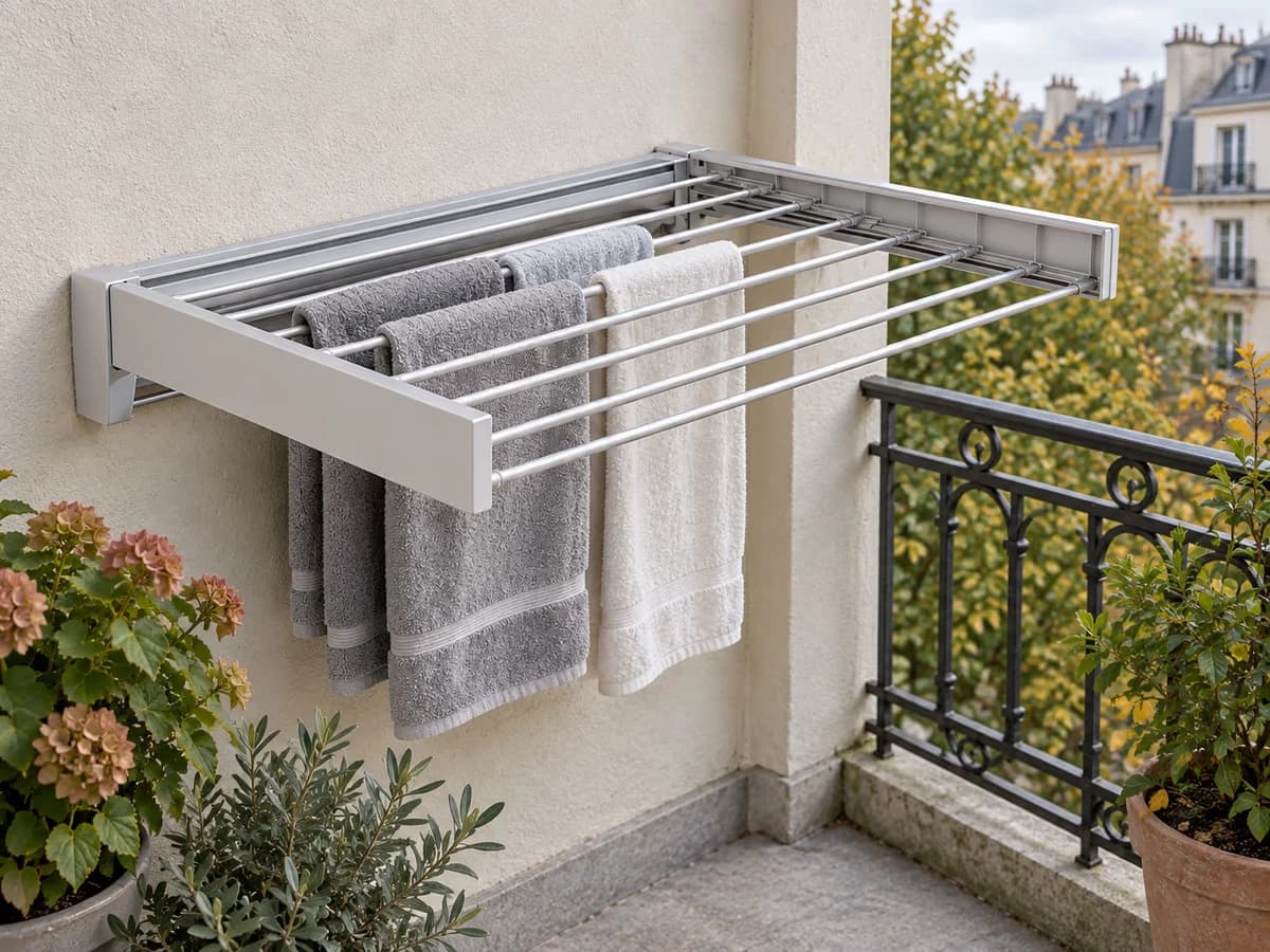 Étendoir mural en aluminium déployé sur un balcon, linge de bain réparti au centre des deux niveaux de barres, extrémités laissées libres