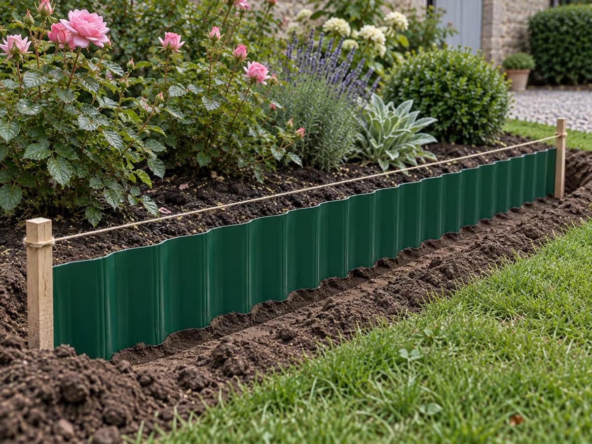 Corde tendue au-dessus d'une bande de bordure verte pour contrôler la hauteur visible avant refermer la terre