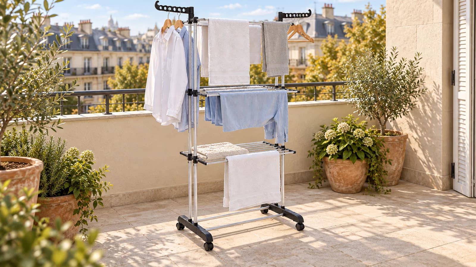 Étendoir à linge pliable trois étages déployé sur un balcon, claies garnies de linge clair, roulettes posées sur le carrelage