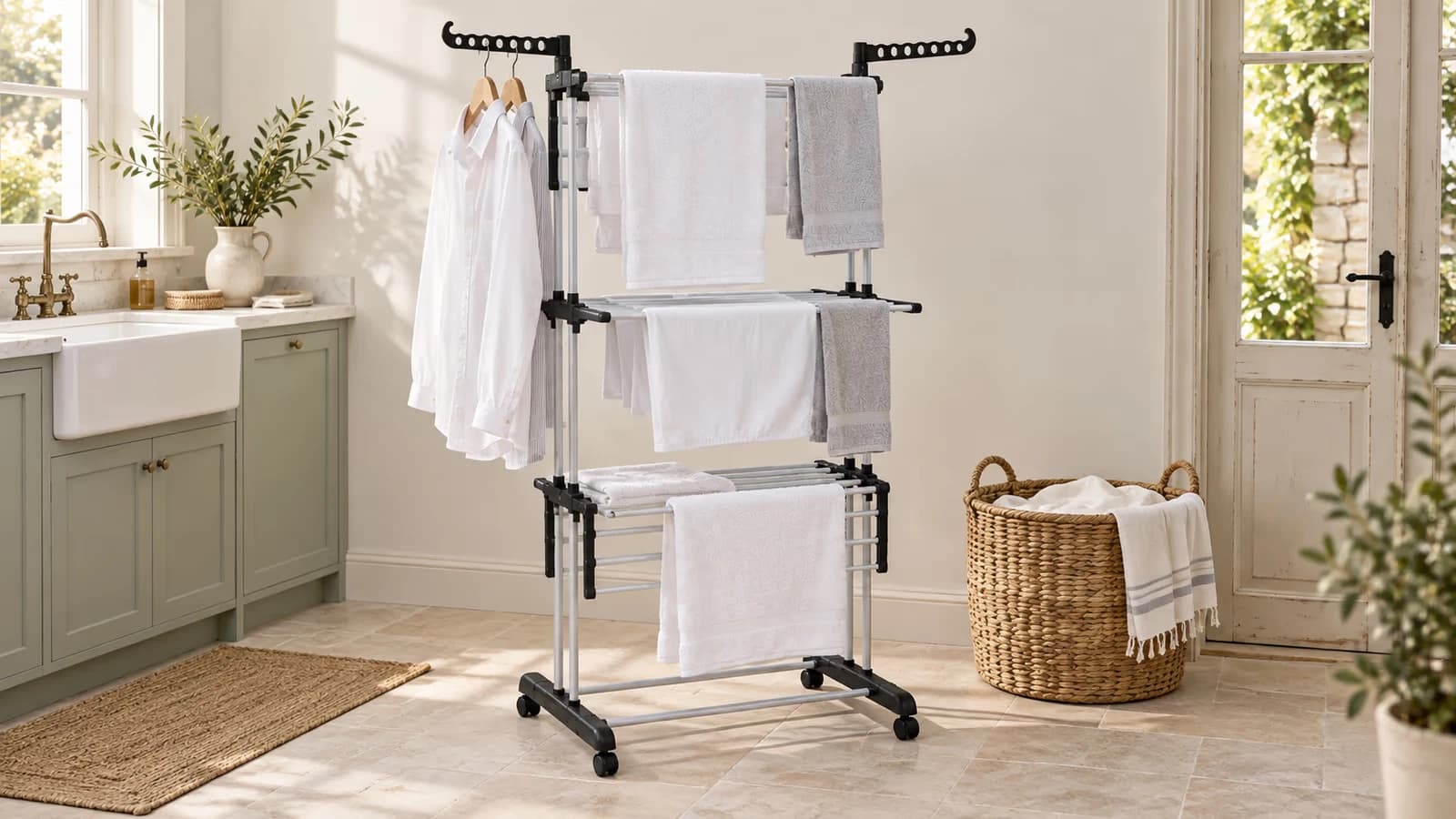Étendoir trois étages en acier clair déplié dans une buanderie claire, claies chargées de linge blanc et serviettes