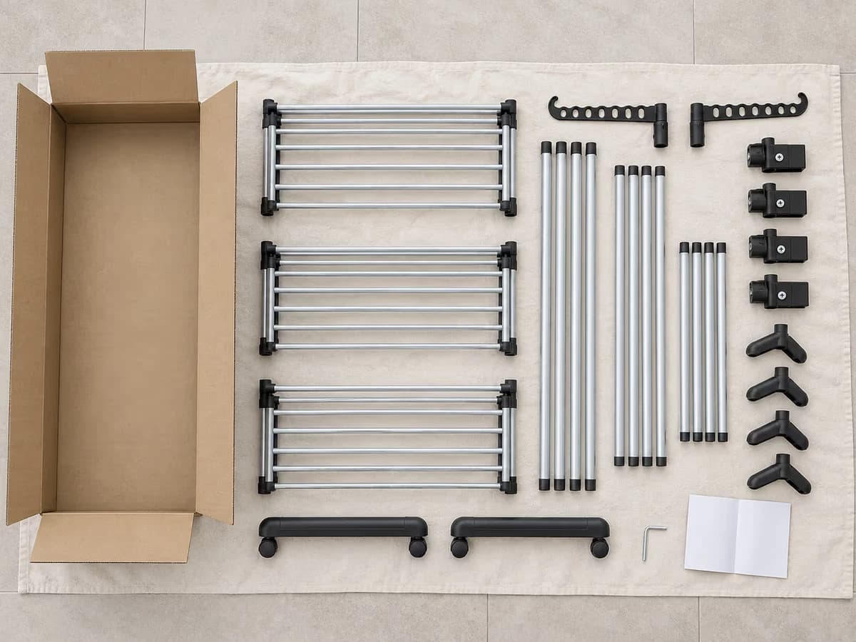 Tubes d'acier, équerres, trois claies en grille et petite clé posés au sol sur un drap de protection, colis plat ouvert à côté
