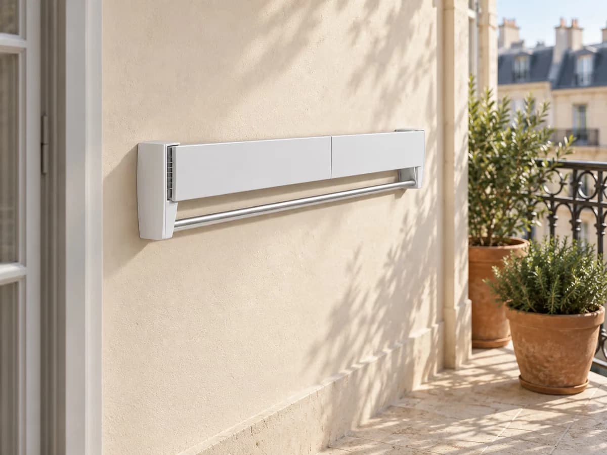 Étendoir mural en aluminium replié contre un mur de balcon clair, barres fines et structure blanche, jardinières en arrière-plan