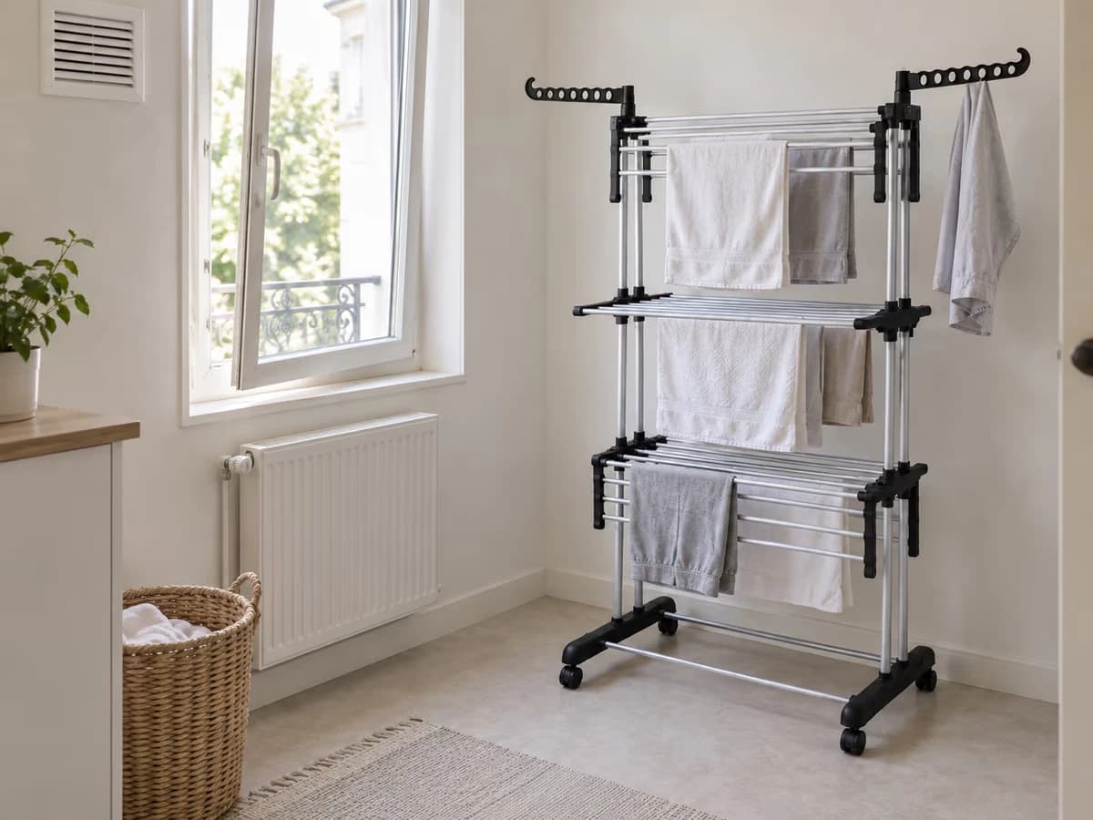 Pièce de buanderie avec grille d'extraction de ventilation en hauteur, fenêtre entrouverte et étendoir chargé de linge clair