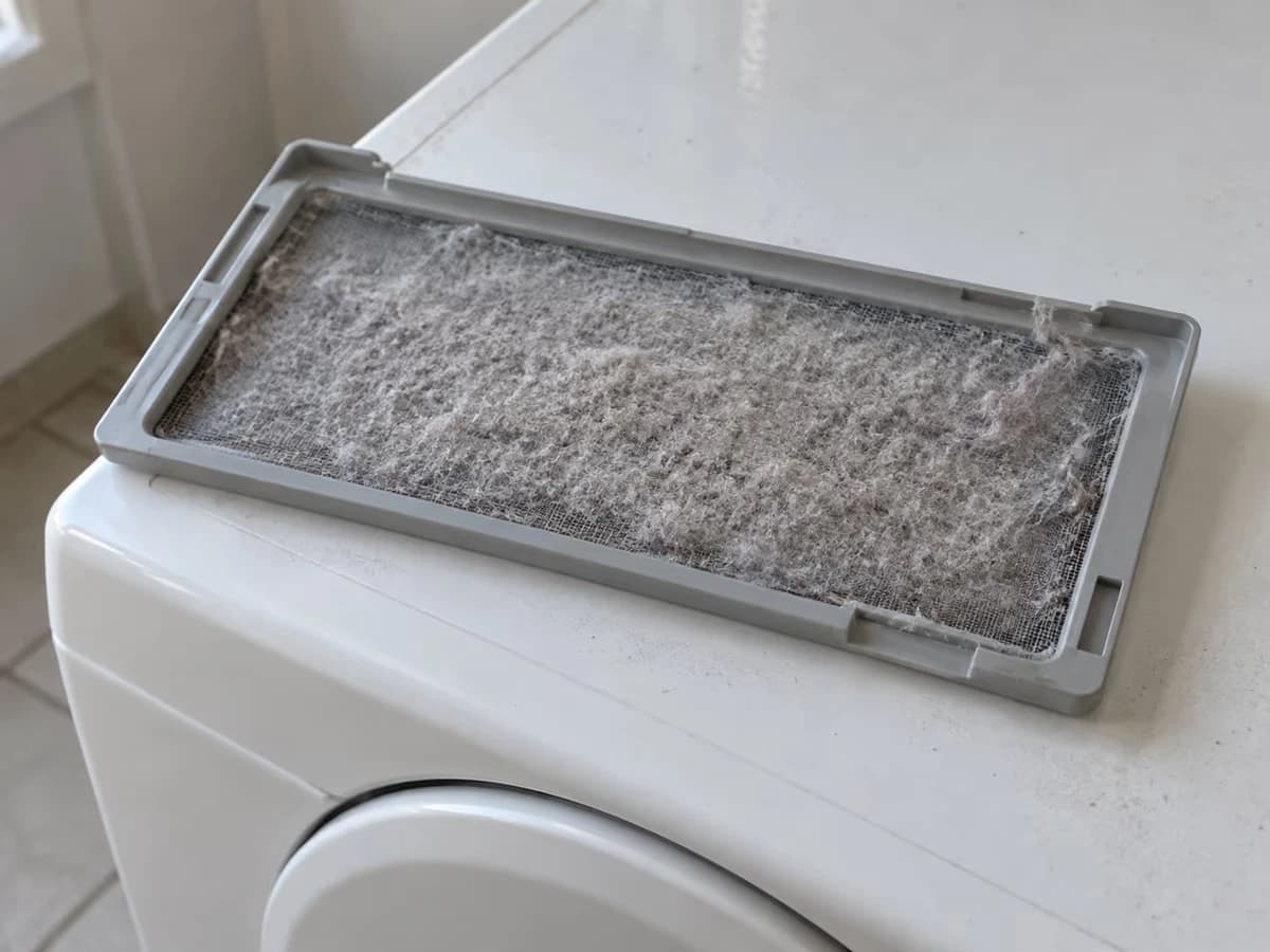 Filtre de sèche-linge retiré et posé sur une machine, grille couverte d'une couche de fibres claires