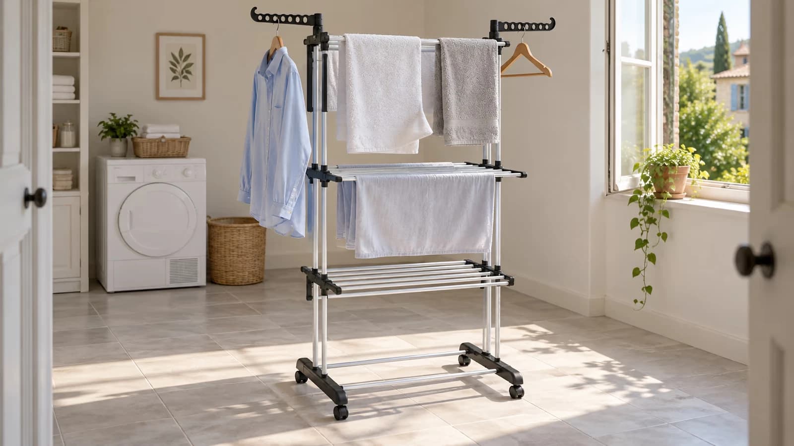 Étendoir trois étages garni de linge clair dans une buanderie, sèche-linge fermé contre le mur opposé et fenêtre entrouverte
