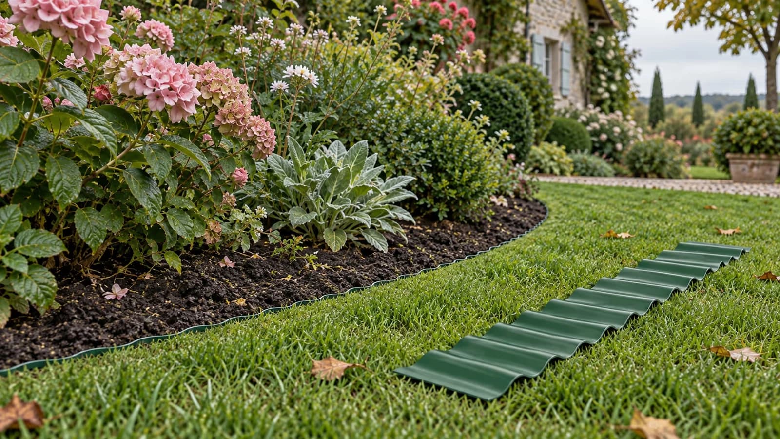 Bande de bordure verte affleurant une pelouse tondue, longueur de rouleau posée à plat sur l'herbe à côté
