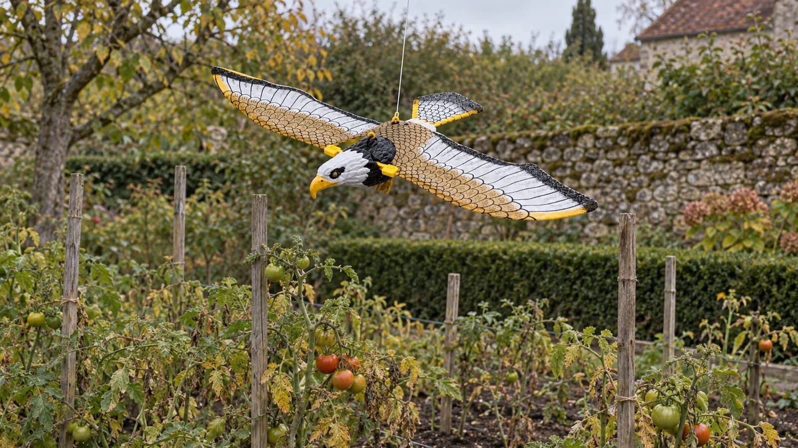 Silhouette de rapace à ailes déployées suspendue par une ficelle au-dessus d'un carré de potager, tuteurs de tomates visibles derrière