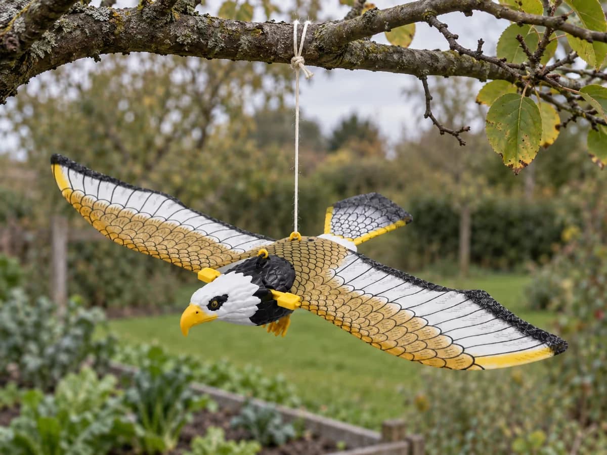 Ficelle de suspension nouée autour d'une branche basse de pommier, silhouette de rapace en équilibre au-dessus d'un carré de légumes