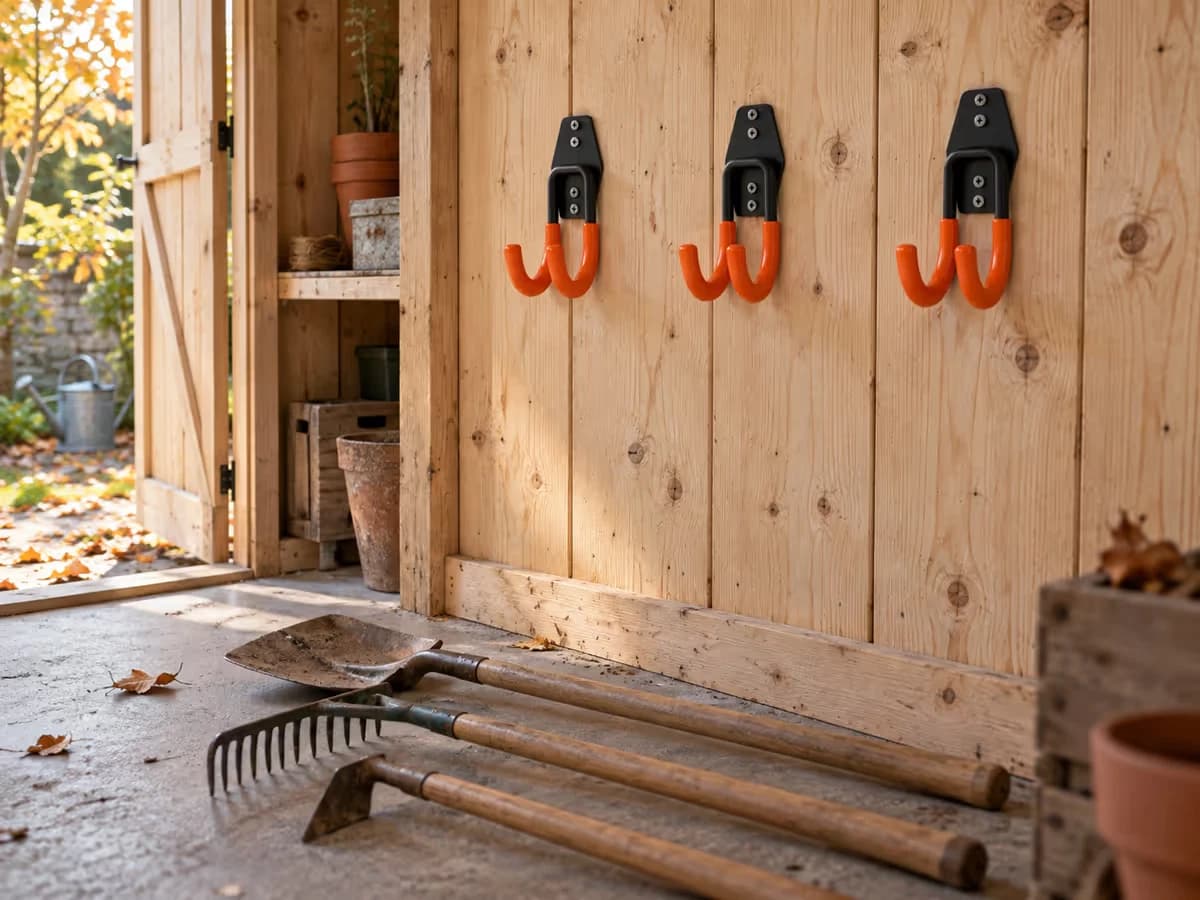 Crochets muraux vides sur le mur d'un abri de jardin en bois clair, manchons orange essuyés, outils posés au sol devant