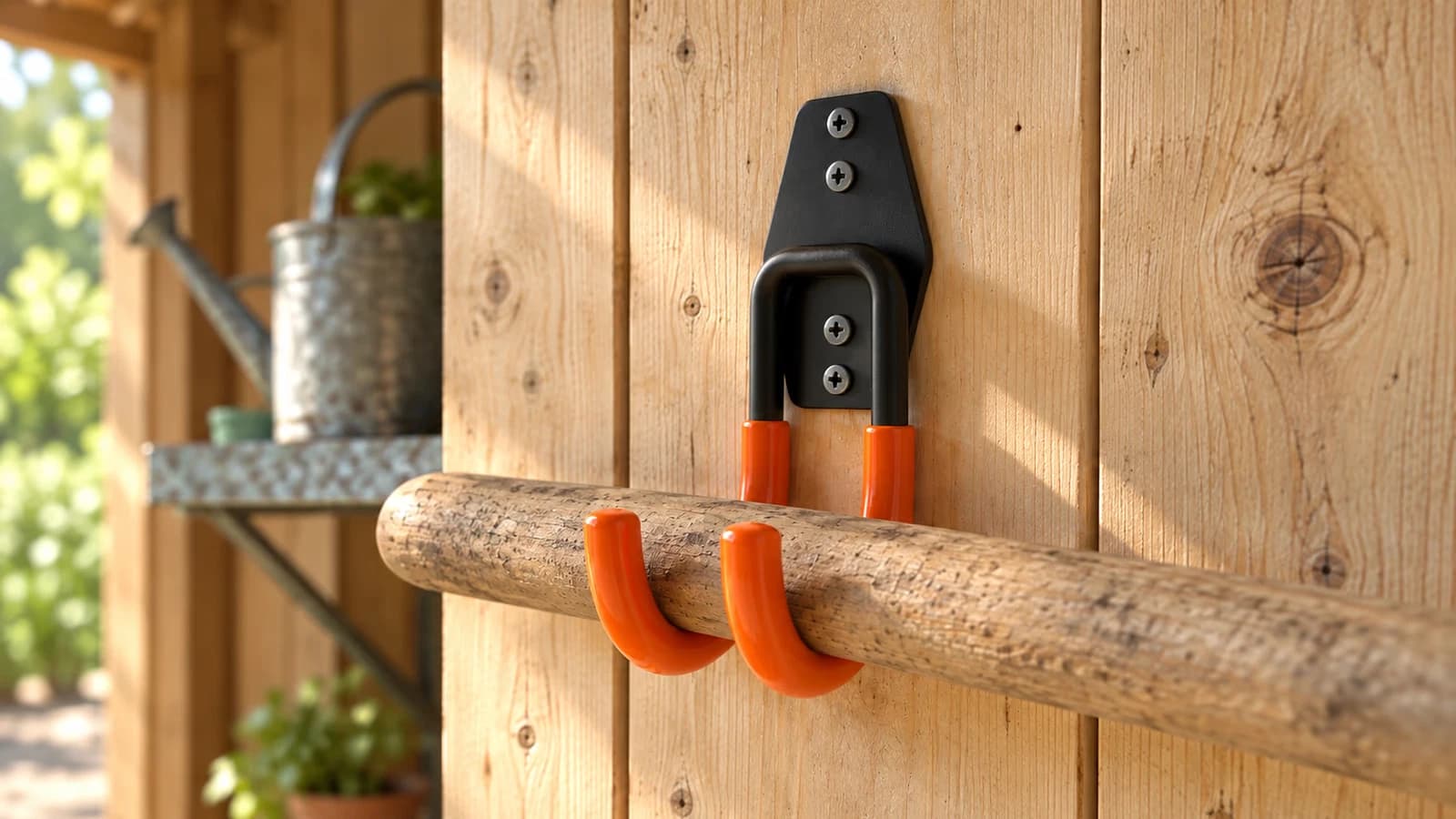 Un crochet en U noir fixé sur le mur d'un abri de jardin, un manche de bêche posé entre les deux bras gainés d'orange