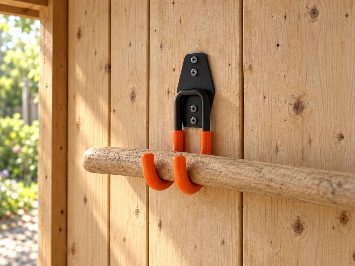 Un crochet en U fixé seul sur un mur d'abri, un manche d'outil long engagé entre les deux bras gainés d'orange