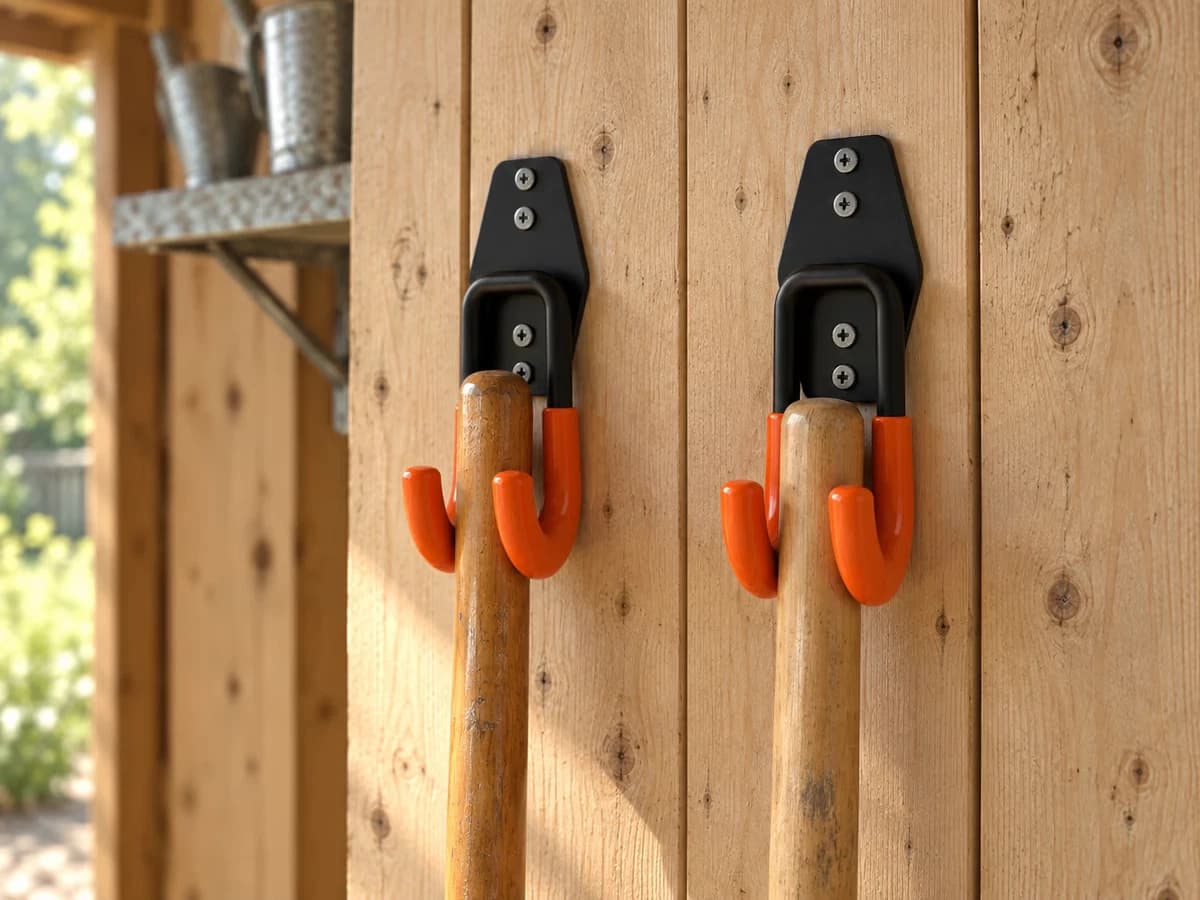Deux crochets muraux en U fixés côte à côte sur le mur d'un abri de jardin, un manche de râteau et un manche de bêche suspendus entre les bras orange