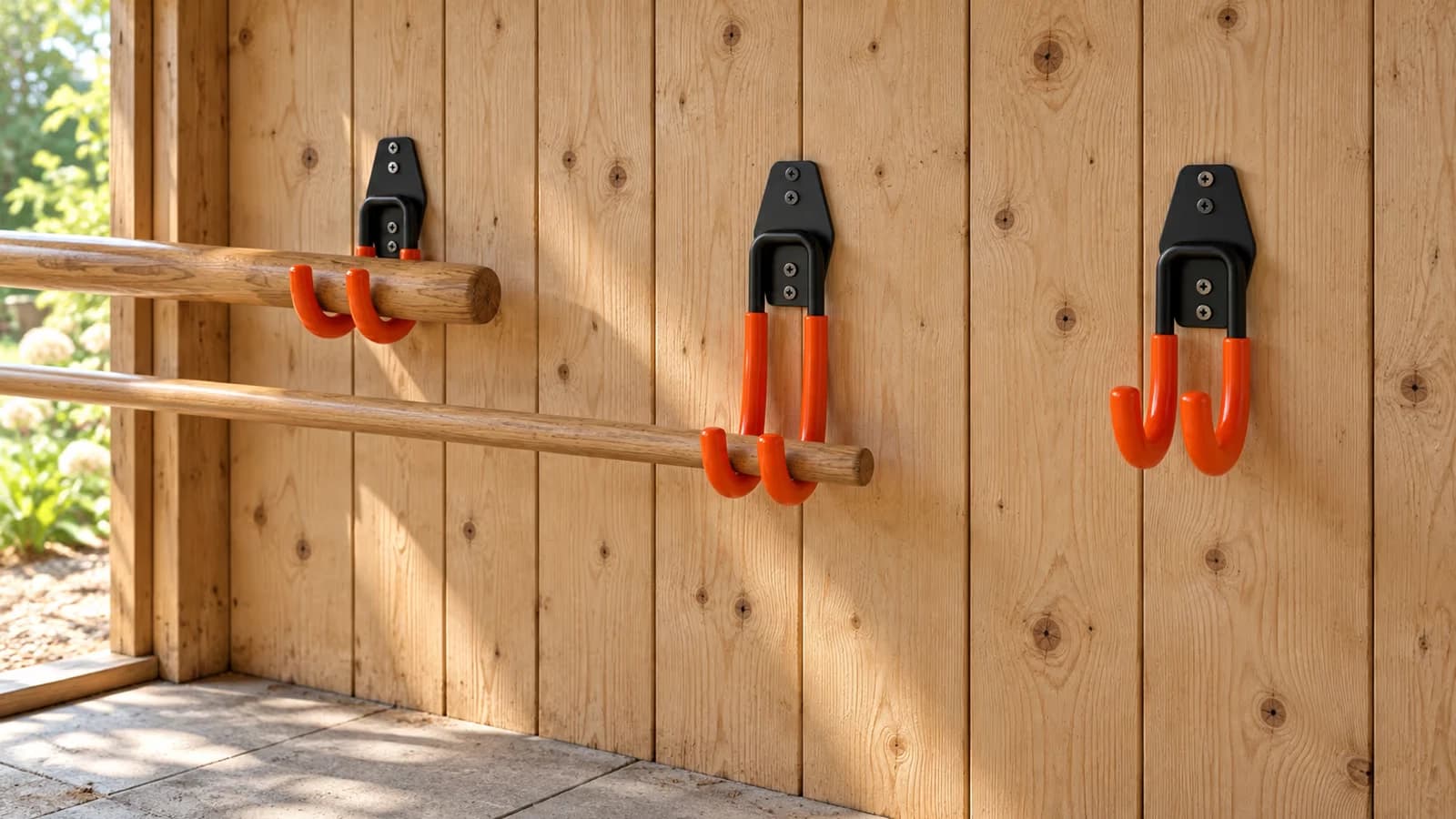 Trois crochets muraux noirs alignés sur le bardage d'un abri de jardin, deux manches d'outils suspendus au-dessus du dallage