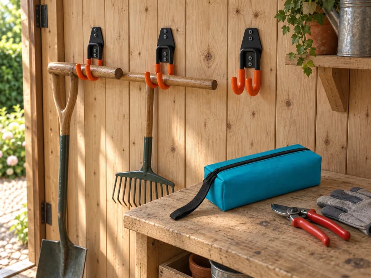 Un abri de jardin rangé, manches longs suspendus en ligne sur le mur et outils à main posés dans une pochette de toile