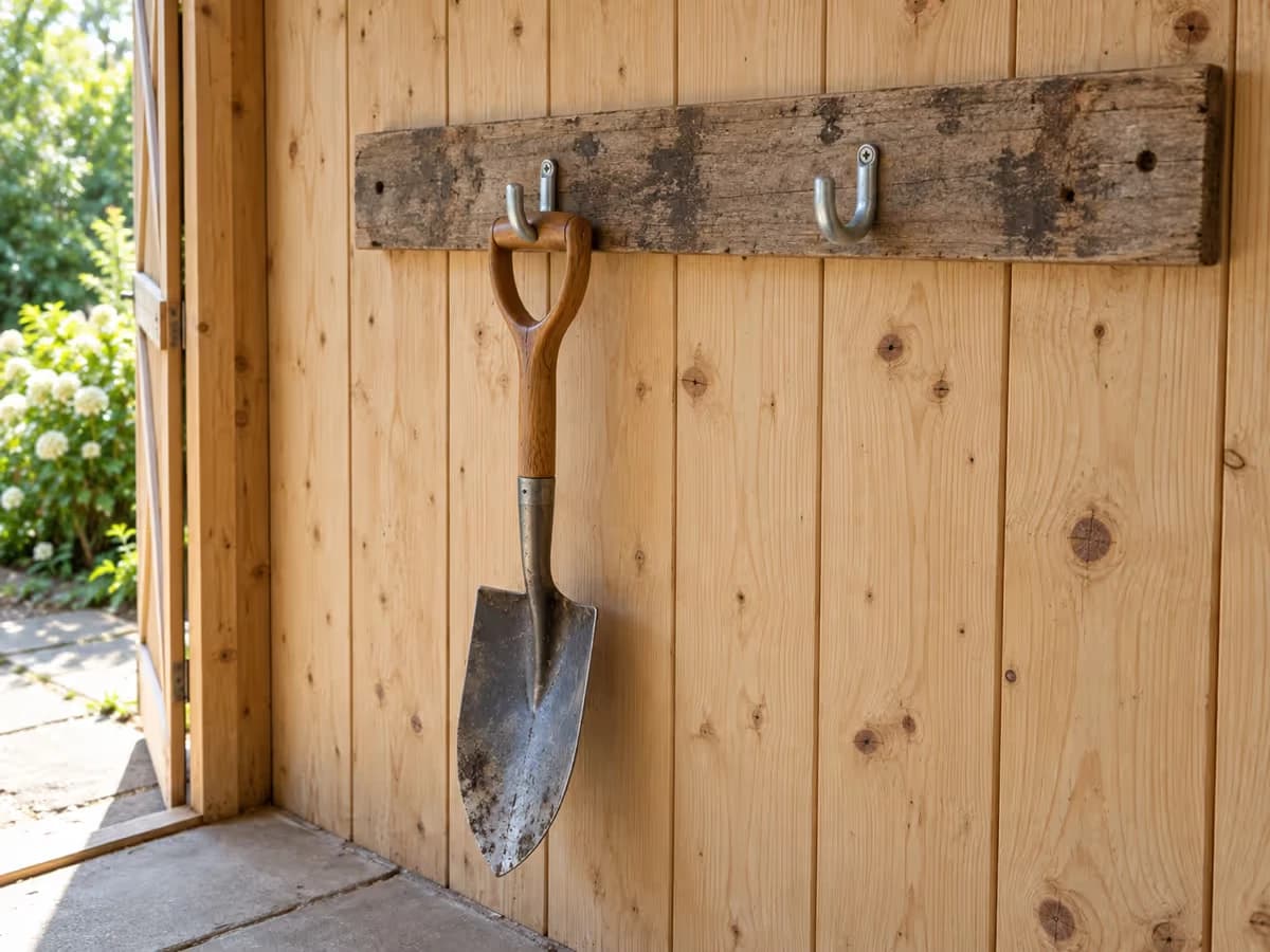 Une planche de récupération fixée au bardage d'un abri, deux crochets de quincaillerie et une petite bêche suspendue