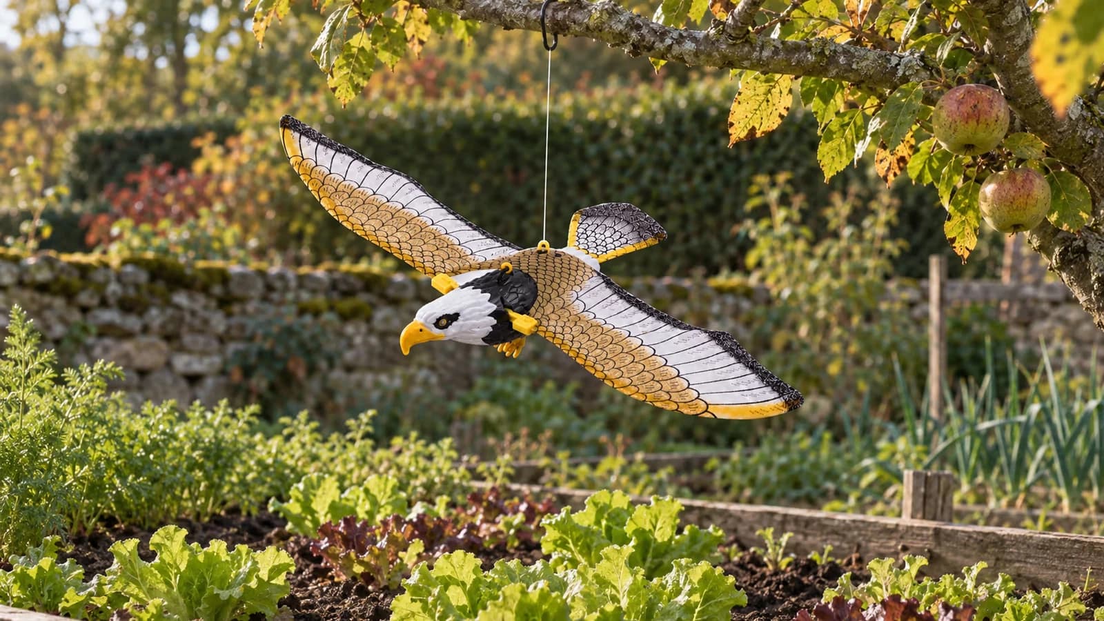 Silhouette d'aigle factice suspendue au-dessus d'un carré de salades, crochet et ficelle noués sur une branche basse