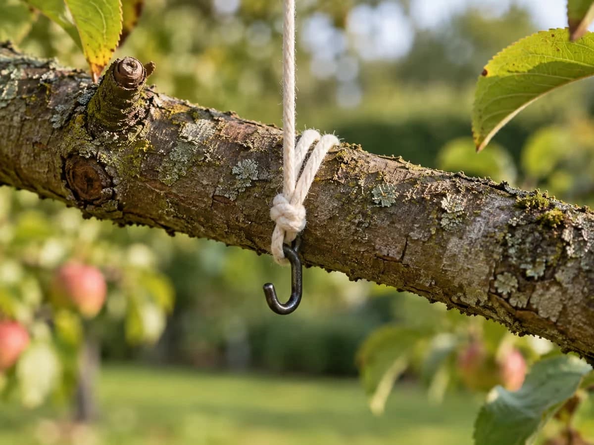 Crochet et ficelle d'un rapace factice noués autour d'une branche basse, nœud serré visible de près