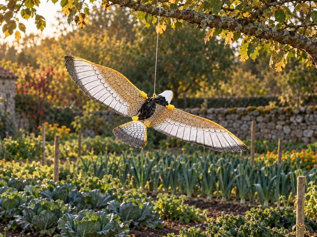 Silhouette de rapace factice vue de dos au-dessus d'un potager, ailes déployées, en fin de journée