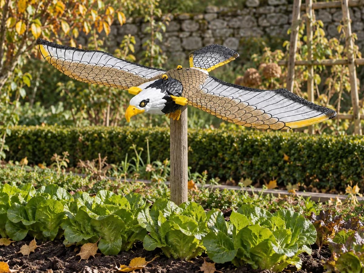 Effigie de rapace en plastique fixée sur un piquet dans un carré de potager, un rang de salades en dessous, plein soleil