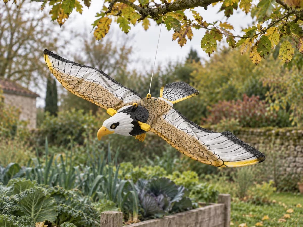 Silhouette de rapace factice suspendue à une branche basse, ailes en tissu imprimé gonflées par le vent, potager flou à l'arrière-plan