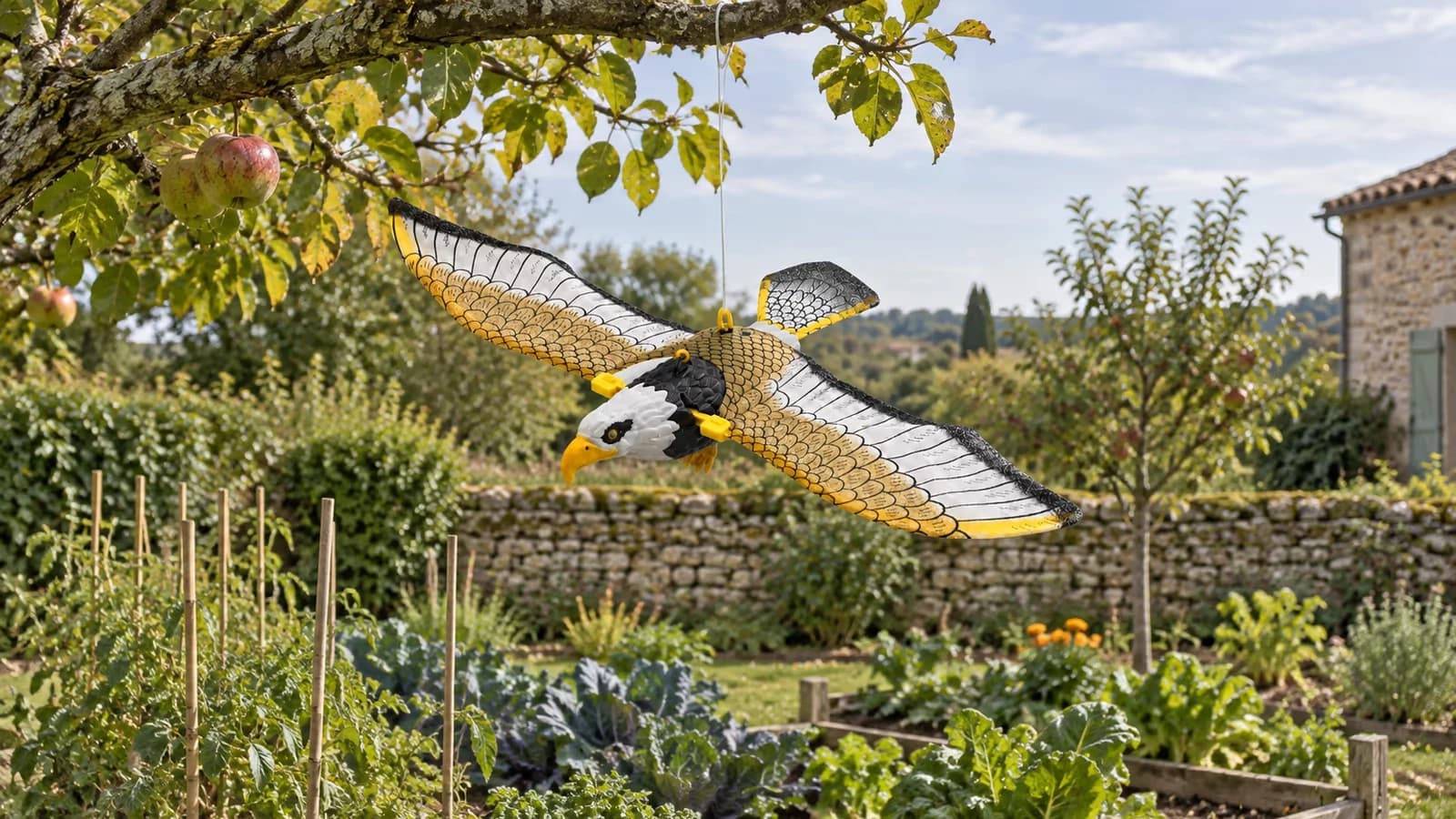 Rapace factice suspendu au-dessus d'un carré de potager, ailes déployées, ciel de fin d'été