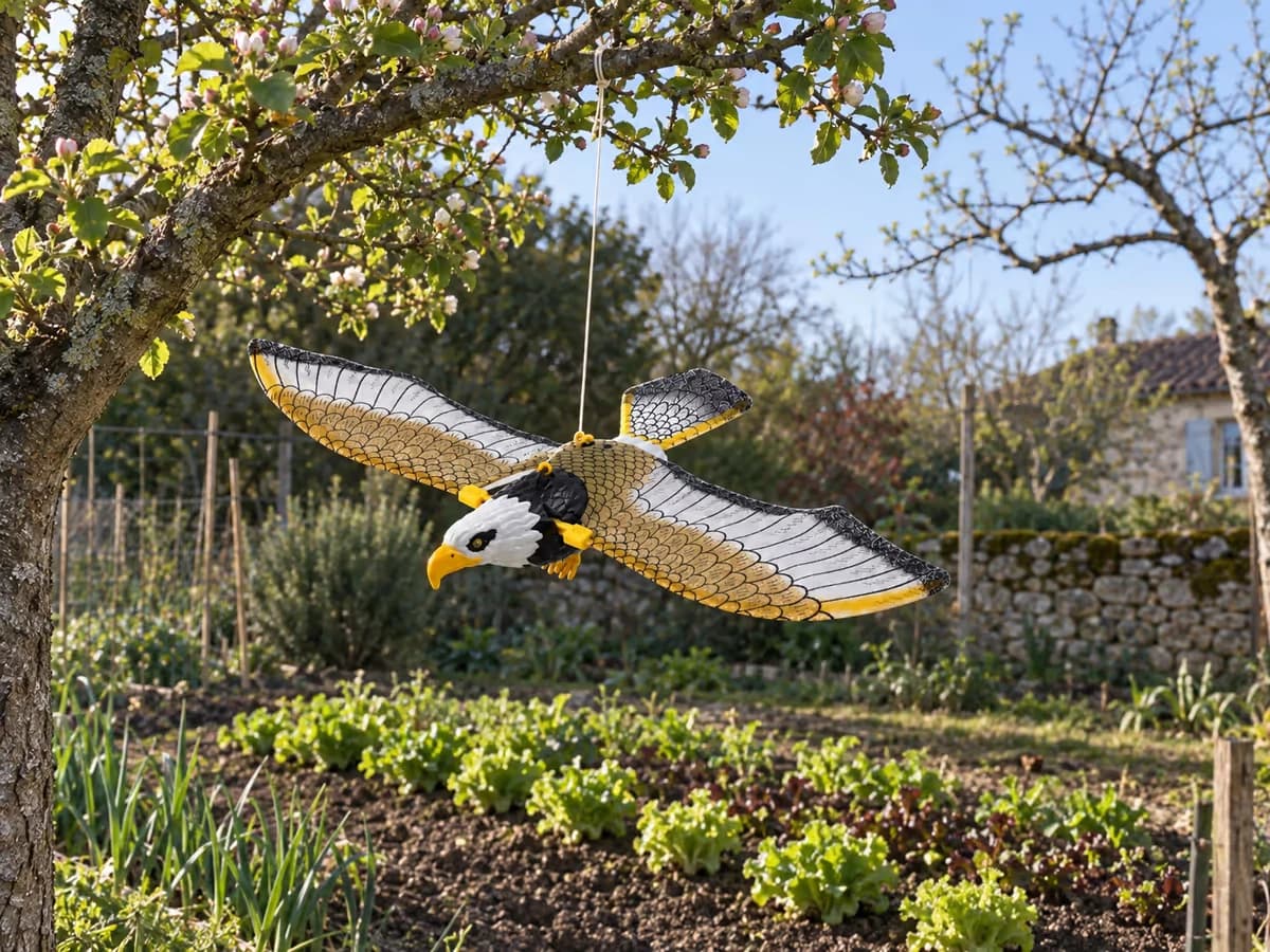 Rapace factice suspendu à une branche de pommier au-dessus d'un rang de salades, lumière de matin de printemps