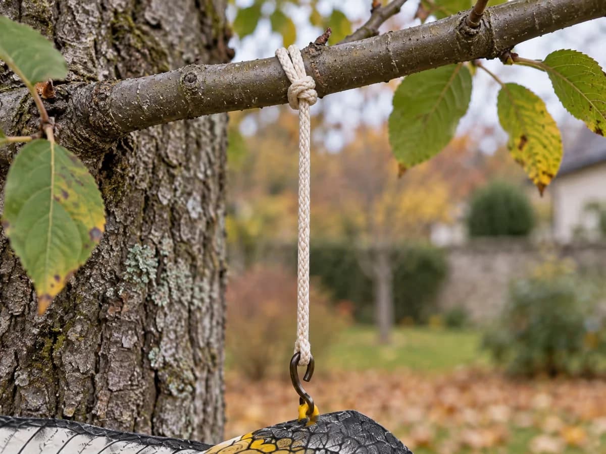 Crochet et ficelle de suspension d'un effaroucheur noués sur une branche de jeune arbre, écorce et feuillage visibles