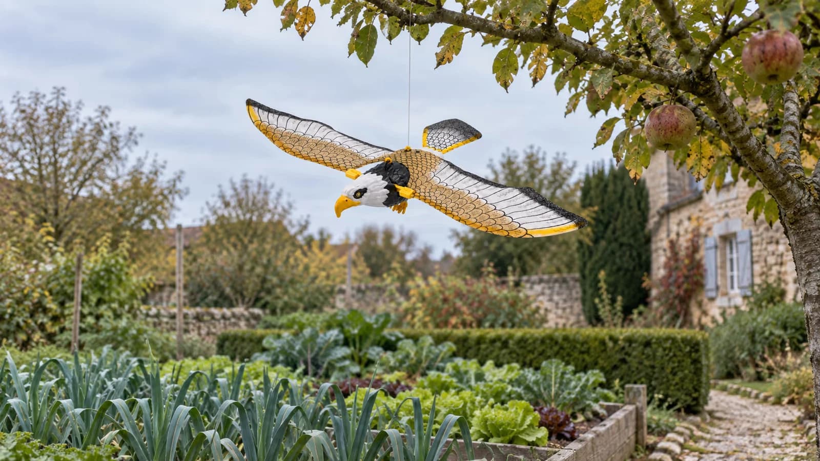 Silhouette de rapace à ailes déployées suspendue au-dessus d'un carré de potager, ficelle tendue vers une branche