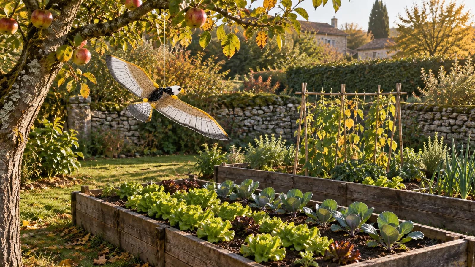 Carré de potager protégé par une silhouette de rapace suspendue au-dessus des rangs, vue large en fin de journée