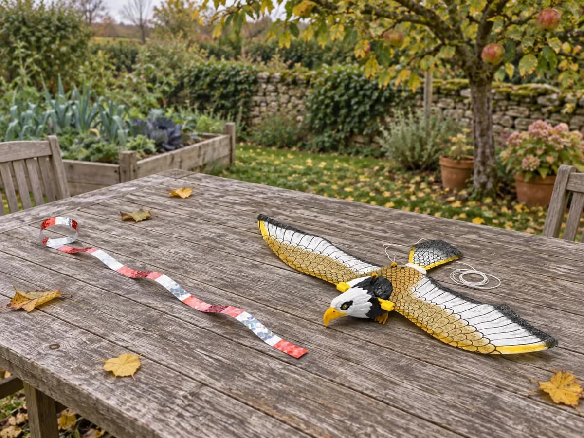 Deux dispositifs posés côte à côte sur une table de jardin, un ruban réfléchissant et une silhouette de rapace