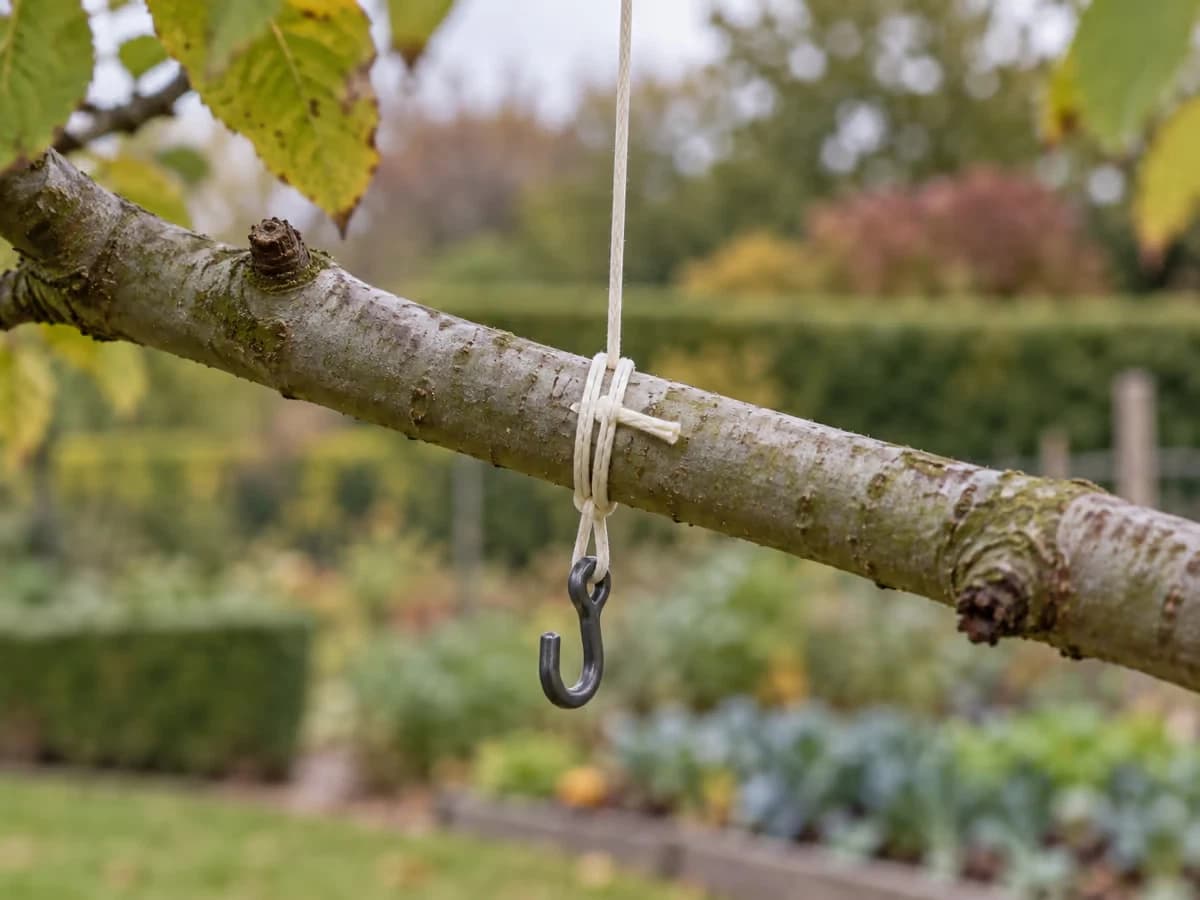 Ficelle et crochet d'un effaroucheur attachés à une branche de jeune arbre, bouts noués serrés
