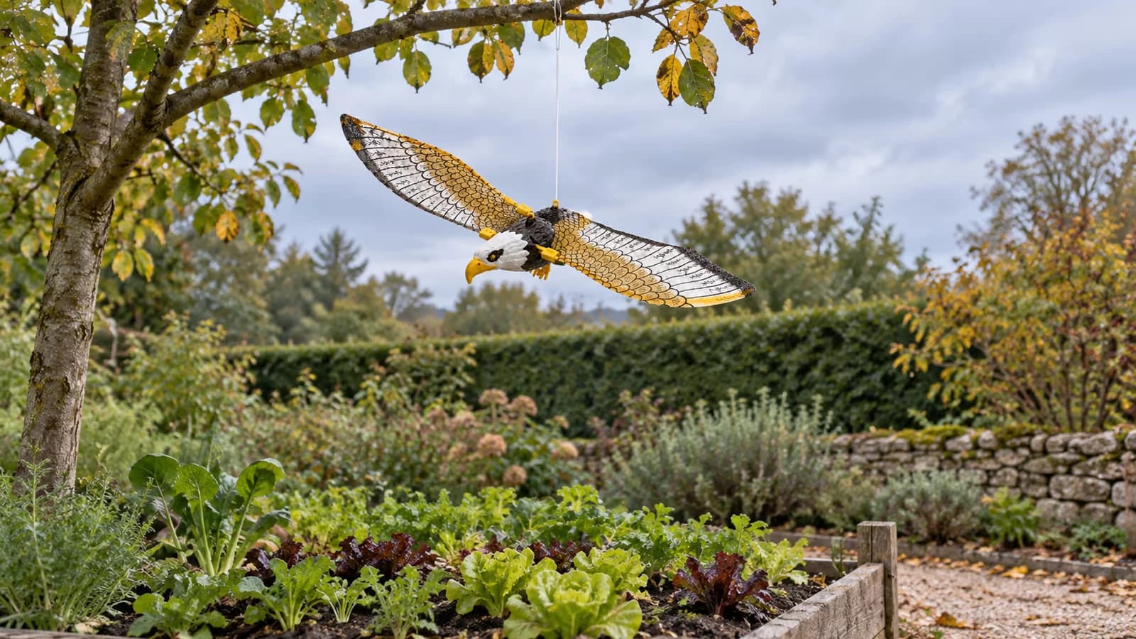 Silhouette d'aigle factice suspendue à une branche au-dessus d'un carré de salades, ficelle tendue par le vent