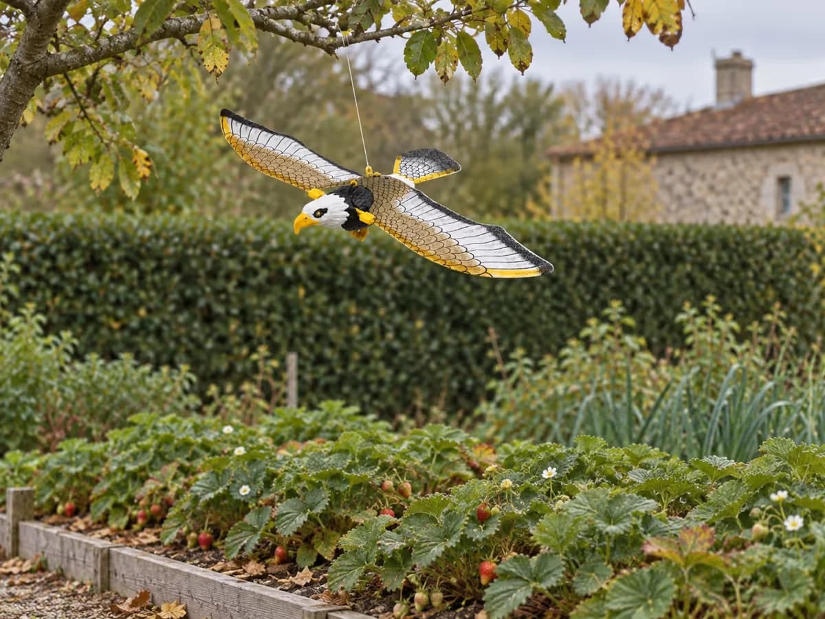 Rapace factice suspendu bien au-dessus d'un rang de fraises, haie taillée en arrière-plan d'où partent les oiseaux