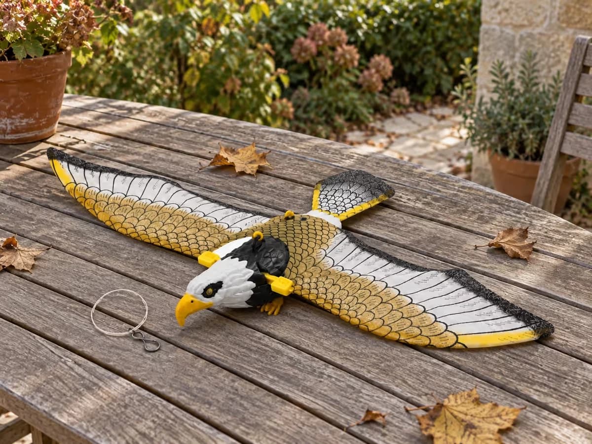 Rapace factice décroché posé à plat sur une table de jardin en bois, ailes déployées, crochet et ficelle à côté